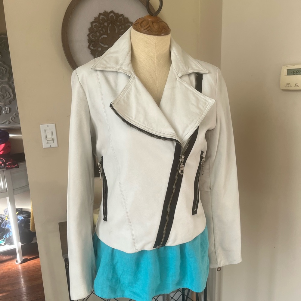 Wilson White Leather Moto Jacket with Black Zippers